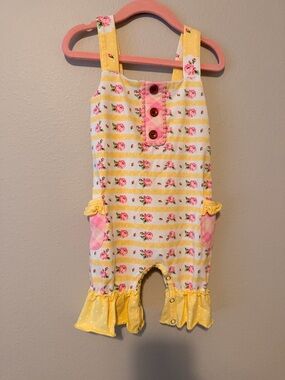 Swoon Baby Clothing Yellow Floral Stripe Girls Romper with Pink floral Accents
